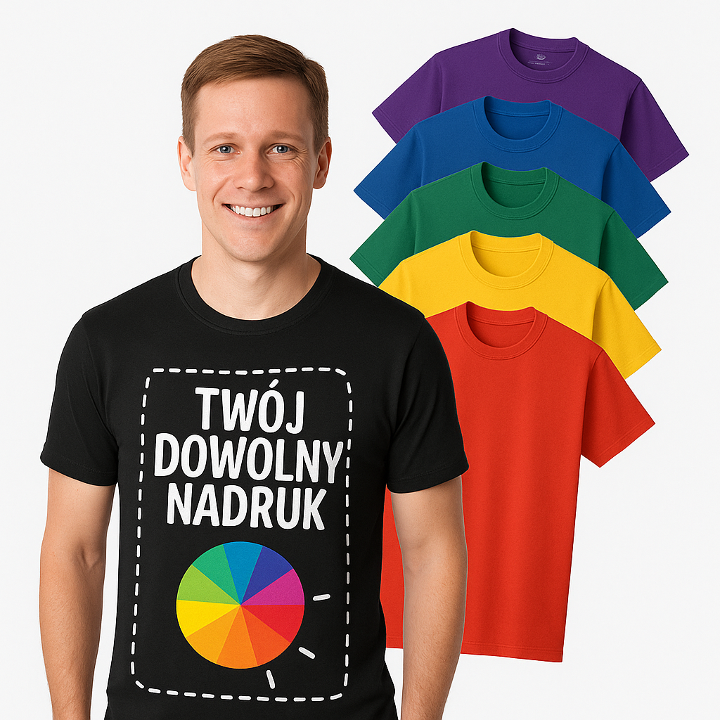 A collection of custom printed apparel and promotional products, including t-shirts, hoodies, hats, bags, and mugs, arranged neatly on a clean white background, vibrant colors, professional product photography, Behance style